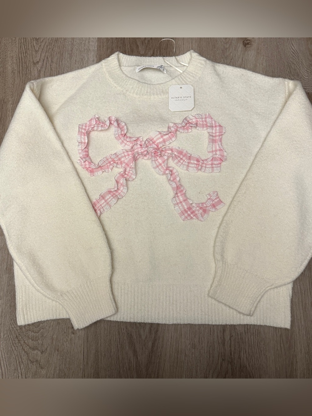 Altar'd State Cream Crewneck Sweater with Pink Plaid Ruffle Bow